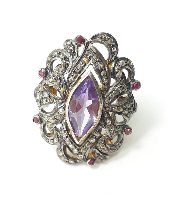 Victorian Style, 925 Sterling Silver Diamond Ring With Natural Ruby, Amethyst Stone Studded In Gold And Black Rhodium. J-1989
