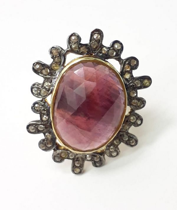 Victorian Style, 925 Sterling Silver Diamond Ring With Natural Ruby Stone Studded In Gold And Black Rhodium. J-1991