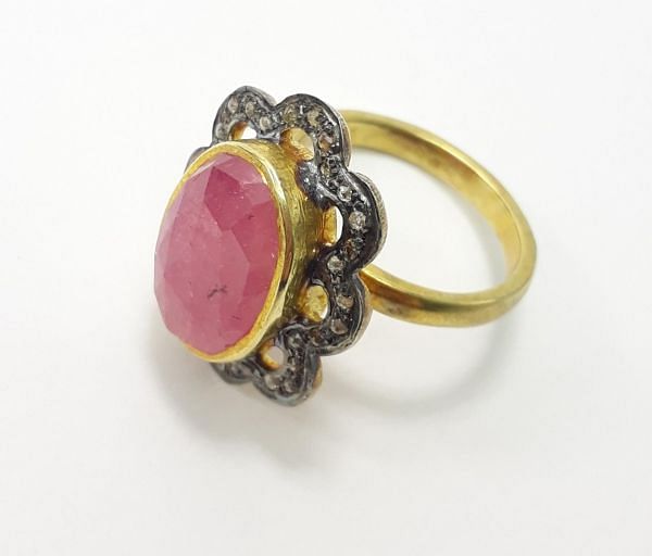  Victorian Style, 925 Sterling Silver Diamond Ring With Natural Ruby Stone Studded In Gold And Black Rhodium. J-1995