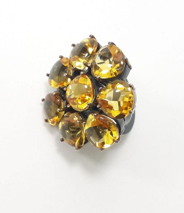 Victorian Style 925 Sterling Silver Ring With Natural Diamond And Citrine  Stone Studded In Black Rhodium. J-1997