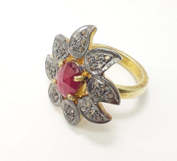 Victorian Style 925 Sterling Silver Ring With Natural Diamond And Ruby Stone Studded In Gold, Black Rhodium. J-2001