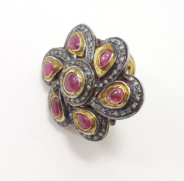 Victorian Style 925 Sterling Silver Ring With Natural Diamond And Ruby Stone Studded In Gold, Black Rhodium. J-2004