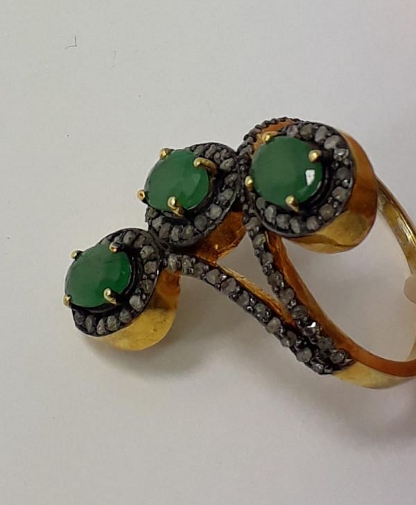 Victorian Style 925 Sterling Silver Ring With Natural Diamond And Emerald Stone Studded In Gold, Black Rhodium. J-2009