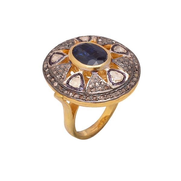 Victorian Jewelry, Silver Diamond Ring With Rose Cut Diamond And Polki Diamond, Kyanite Stone Studded In 925 Sterling Silver Gold, Black Rhodium Plating. J-2017
