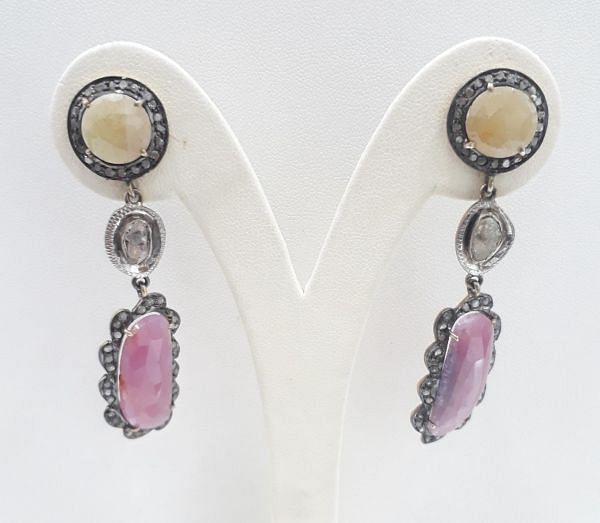  925 Sterling Silver Diamond Earring With Natural Multi sapphire  - J-2043