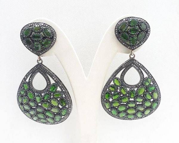 925 Sterling Silver Diamond Earring With Natural Emerald  Stone   - J-2056