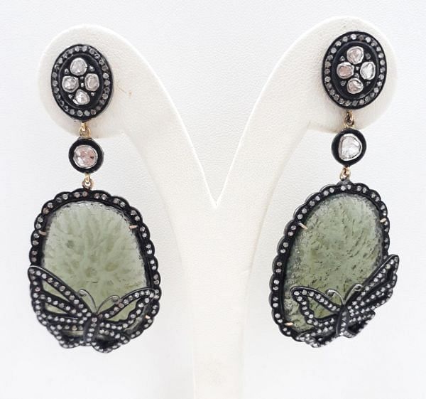  925 Sterling Silver Diamond Earring With Natural Agate Stone   - J-2065