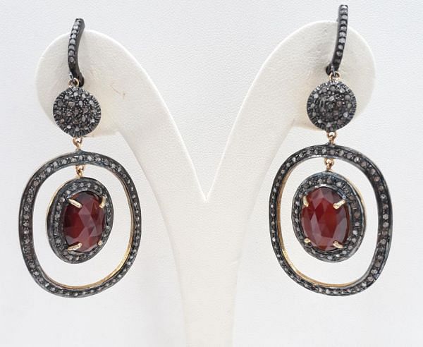  925 Sterling Silver Diamond Earring Studded  With Natural Ruby  Stone  - J-2068