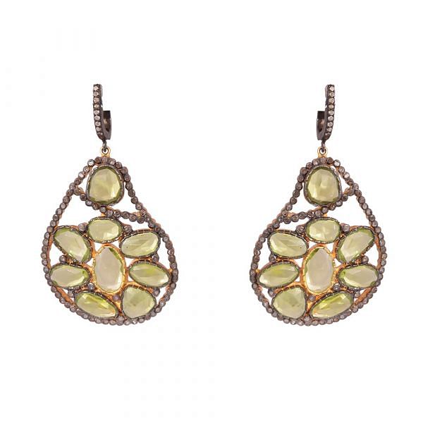  925 Sterling Silver Diamond Earring  Studded With Natural Peridot Stone   - J-2074