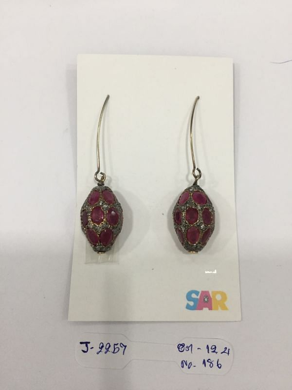  925 Sterling Silver Diamond Earring  With Rose Cut Diamond, And Ruby Stone     - J-2257
