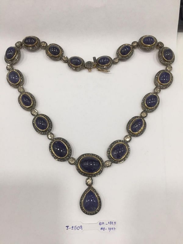 925 Sterling Silver Diamond Necklace Studded With Polki Diamond, Tanzanite - J-2509