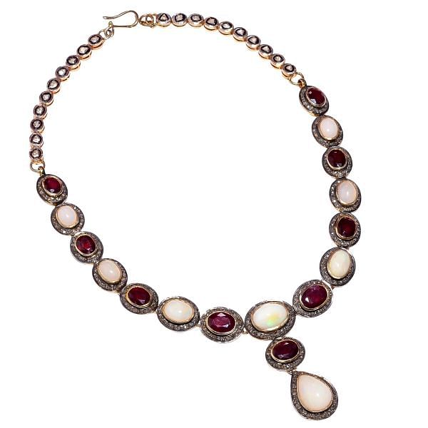 925 Sterling Silver Diamond Necklace With Polki Diamond, Opal, Ruby - J-2511 