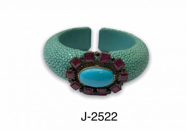925 Sterling Silver Diamond Bangle - Rose-cut Diamond, And Ruby, Turquoise , J-2522