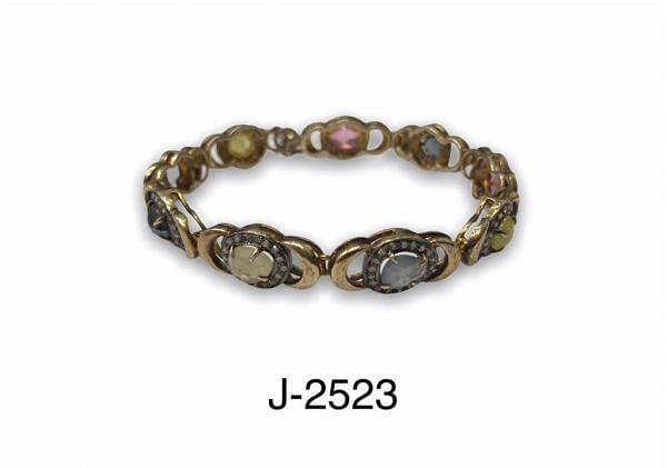 925 Sterling Silver Diamond Bracelet With Multi  Sapphire - J-2523