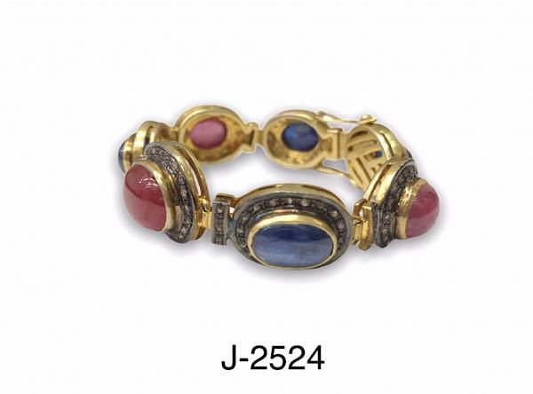 925 Sterling Silver Diamond Bracelet in Rose-cut Diamond, And Ruby, Kyanite - J-2524