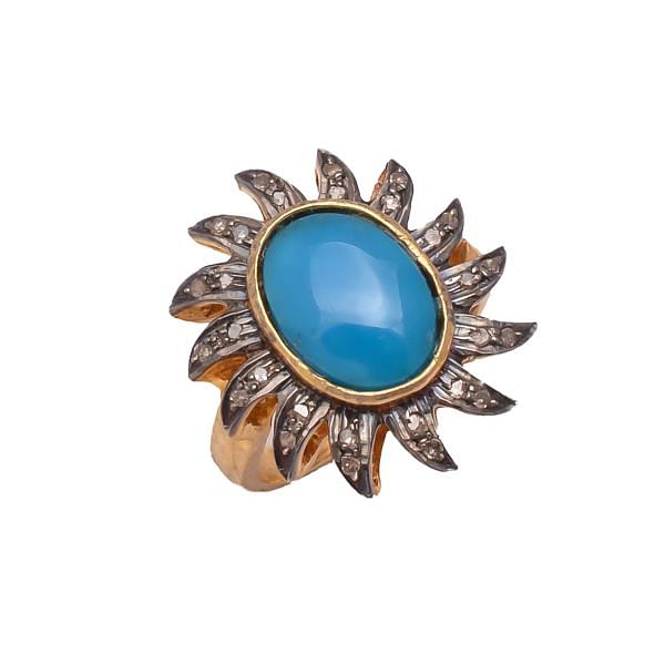 Victorian Jewelry, Silver Diamond Ring With Rose Cut Diamond And Turquoise Stone Studded  In 925 Sterling Silver Gold,Black Rhodium Plating. J-1016