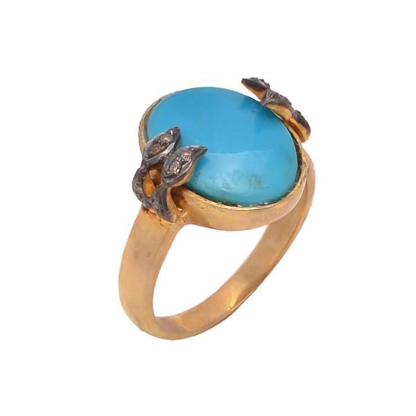 Victorian Jewelry, Silver Diamond Ring With Rose Cut Diamond And Turquoise Stone Studded  In 925 Sterling Silver Gold,Black Rhodium Plating. J-1018