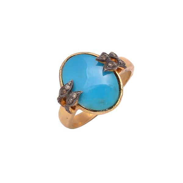 Victorian Jewelry, Silver Diamond Ring With Rose Cut Diamond And Turquoise Stone Studded  In 925 Sterling Silver Gold,Black Rhodium Plating. J-1018