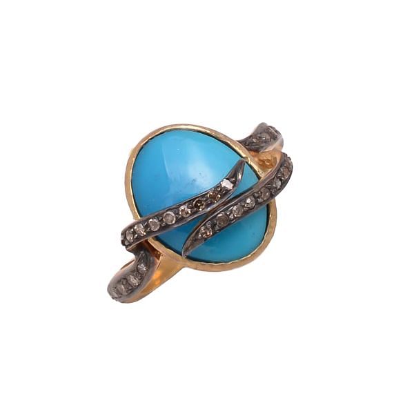 Victorian Jewelry, Silver Diamond Ring With Rose Cut Diamond And Turquoise Stone Studded In 925 Sterling Silver Gold, Black Rhodium Plating. J-1019