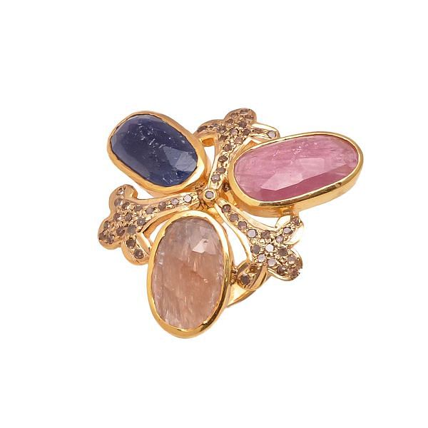 Victorian Jewelry, Silver Diamond Ring With Rose Cut Diamond And Multi Sapphire Stone Studded  In 925 Sterling Silver Gold Plating. J-1030