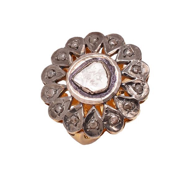 Victorian Jewelry, Silver Diamond Ring With Rose Cut Diamond And Polki Diamond Stone Studded  In 925 Sterling Silver Gold, Black Rhodium Plating. J-1032