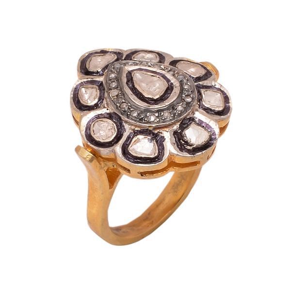 Victorian Style Diamond Ring With Natural Polki Diamond In 925 Sterling Silver, Gold Plated. J-1033.