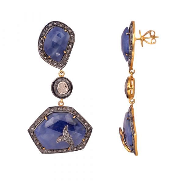 Victorian Jewelry, Diamond Earring With Rose Cut Diamond And Polki Diamond, Sapphire Stone Studded In 925 Sterling Silver Gold Plating. J-103