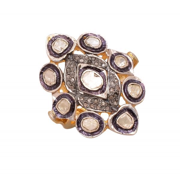 Victorian Jewelry, Silver Diamond Ring With Rose Cut Diamond And Polki Diamond Stone Studded In 925 Sterling Silver Gold, Black Rhodium Plating. J-1053