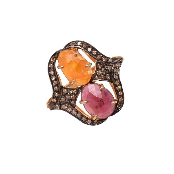 Victorian Jewelry, Silver Diamond Ring With Rose Cut Diamond And Multi Sapphire, Stone Studded  In 925 Sterling Silver Gold Plating. J-1060