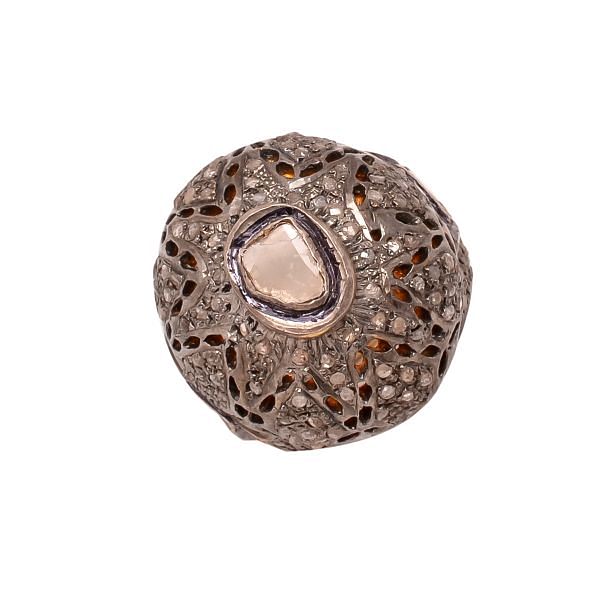 Victorian Jewelry, Silver Diamond Ring With Rose Cut Diamond And Polki Diamond StuddedIn 925 Sterling Silver Black Rhodium Plating. J-1061