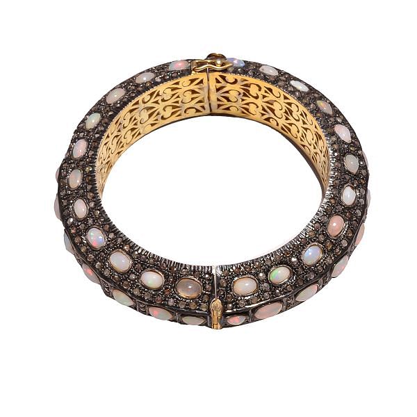 Victorian Jewelry, Silver Diamond Bangle With Rose Cut Diamond And Opal In 925 Sterling Silver Gold, Black Rhodium Plating