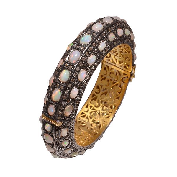 Victorian Jewelry, Silver Diamond Bangle With Rose Cut Diamond And Opal In 925 Sterling Silver Gold, Black Rhodium Plating