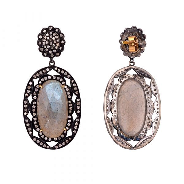 Victorian Jewelry, Silver Diamond Earring With Rose Cut Diamond And Labradorite Stone Studded In 925 Sterling Silver  Black Rhodium Plating. J-138