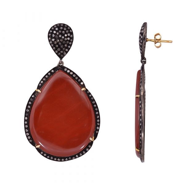 Victorian Jewelry, Silver Diamond Earring With Rose Cut Diamond And Orange Agate Stone Studded In 925 Sterling Silver Gold Plating/Black Rhodium. J-152