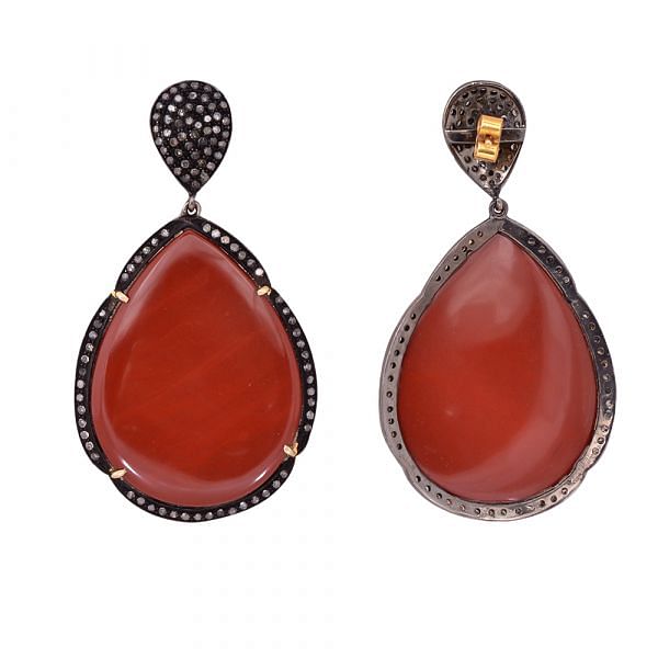Victorian Jewelry, Silver Diamond Earring With Rose Cut Diamond And Orange Agate Stone Studded In 925 Sterling Silver Gold Plating/Black Rhodium. J-152