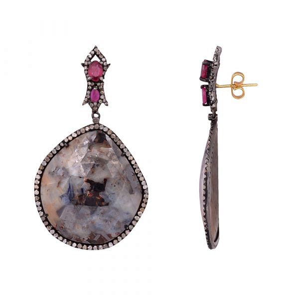 Victorian Jewelry, Silver Diamond Earring With Rose Cut Diamond And Agate Stone Studded In 925 Sterling Silver Black Rhodium Plating. J-154
