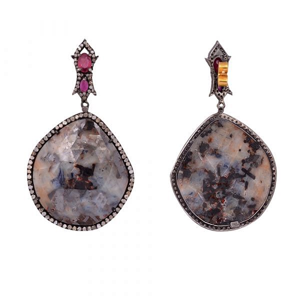 Victorian Jewelry, Silver Diamond Earring With Rose Cut Diamond And Agate Stone Studded In 925 Sterling Silver Black Rhodium Plating. J-154