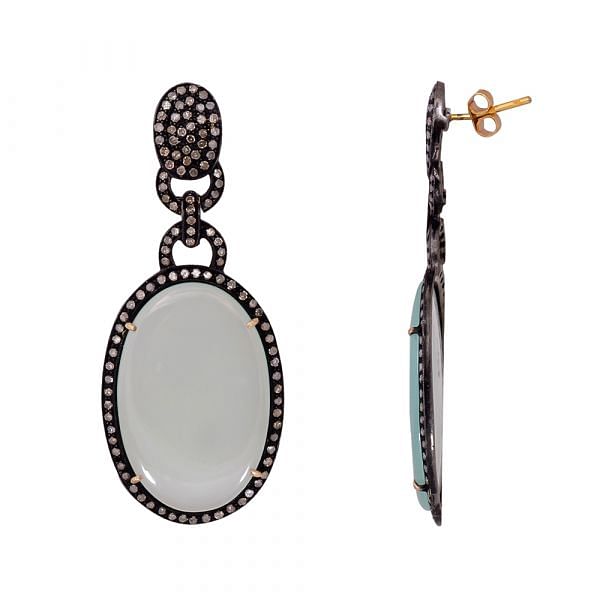 Victorian Jewelry, Silver Diamond Earring With Rose Cut Diamond And Chalcedony Stone Studded In 925 Sterling Silver Gold, Black Rhodium Plating. j-155