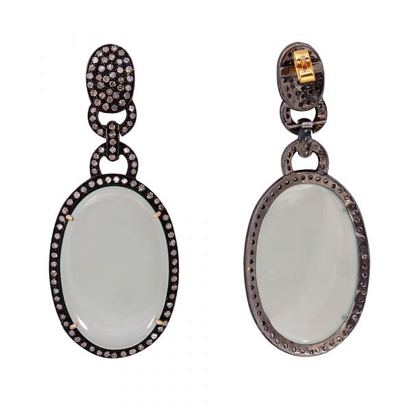 Victorian Jewelry, Silver Diamond Earring With Rose Cut Diamond And Chalcedony Stone Studded In 925 Sterling Silver Gold, Black Rhodium Plating. j-155