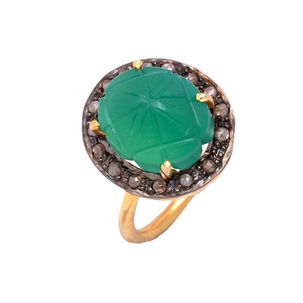 925 Sterling Silver Diamond Ring Studded With Rose Cut Diamond , Green Onyx -  J-168