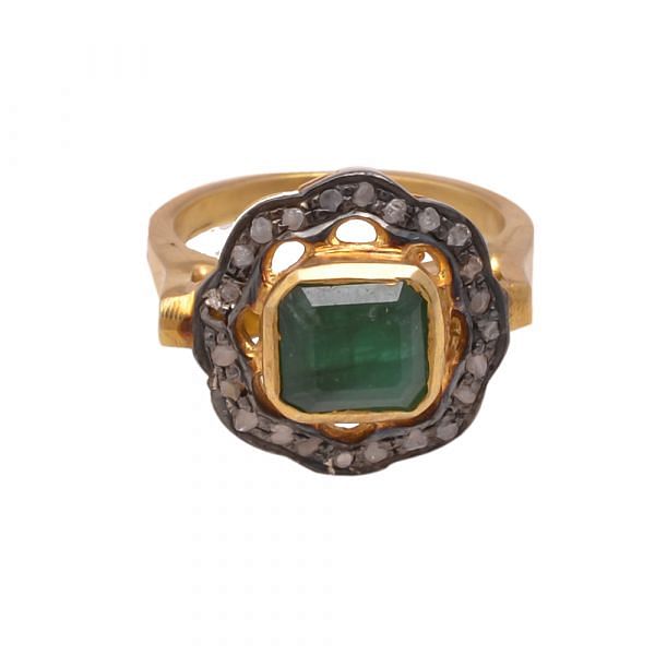 Handmade 925 Sterling Silver Diamond Ring With Emerald - J-180