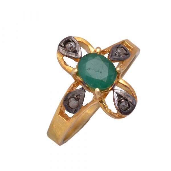 925 Sterling Silver Gold Plated Diamond Ring - Emerald Stone,  J-181