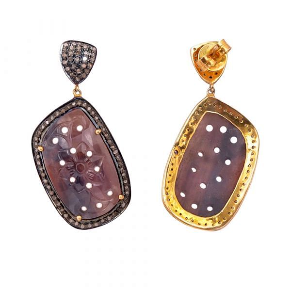 Victorian Jewelry, Silver Diamond Earring With Rose Cut Diamonds And Sapphire In 925 Sterling Silver Gold Plating