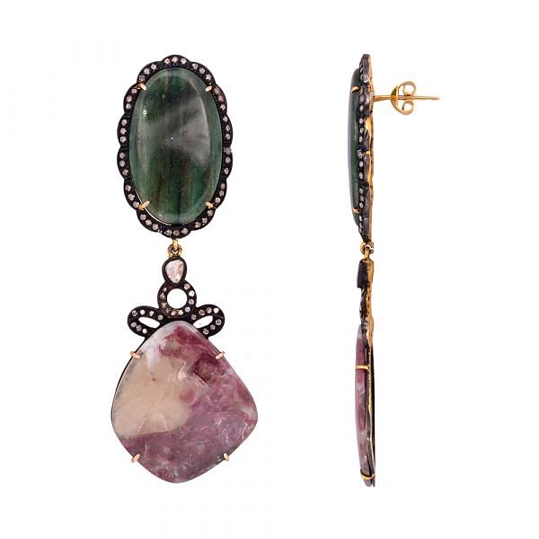 Victorian Jewelry, Silver Diamond Earring With Rose Cut Diamond, Green Agate And Red Agate In 925 Sterling Silver Gold, Black Rhodium Plating. J-202