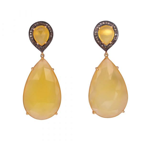 Victorian Jewelry, Silver Diamond Earring With Rose Cut Diamond And Yellow Chalcedony Stone Studded In 925 Sterling Silver Gold Plating.J-258