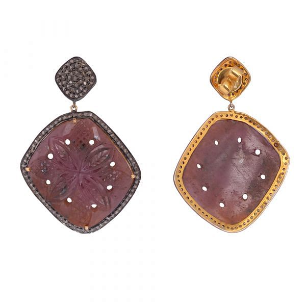 Victorian Jewelry, Silver Diamond Earring With Rose Cut Diamond And Sapphire Stone Studded In 925 Sterling Silver Gold Plating. J-266