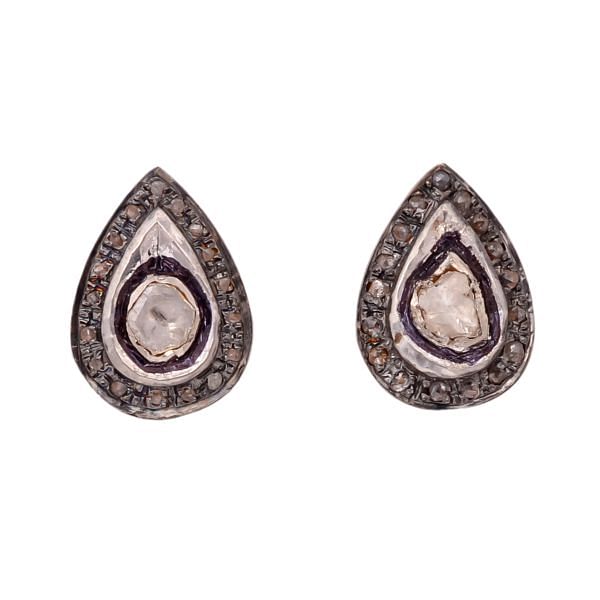 Victorian Jewelry, Silver Diamond Earring With Rose Cut Diamond And Polki Diamond Studded In 925 Sterling Silver Gold, Black Rhodium Plating.J-296