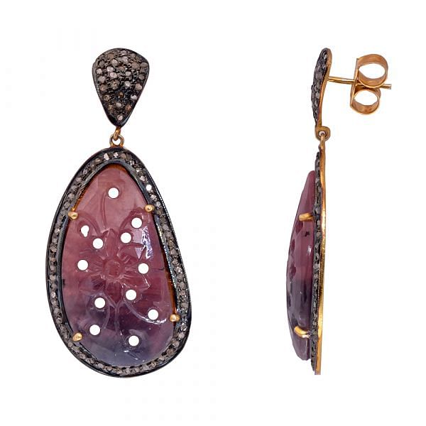 Victorian Jewelry, Silver Diamond Earring With Rose Cut Diamonds And Sapphire In 925 Sterling Silver Gold Plating. J-2