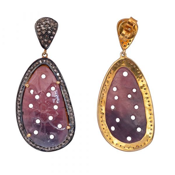 Victorian Jewelry, Silver Diamond Earring With Rose Cut Diamonds And Sapphire In 925 Sterling Silver Gold Plating. J-2