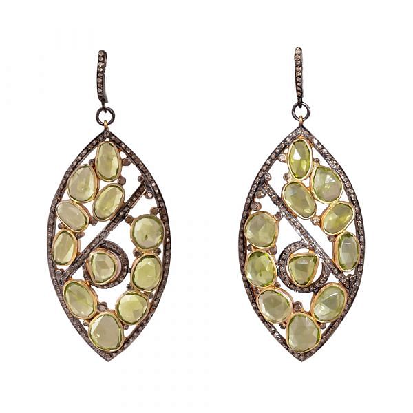 Victorian Jewelry, Silver Diamond Earring With Rose Cut Diamond And Peridot Stone Studded In 925 Sterling Silver Gold,Black Rhodium Plating.J-32